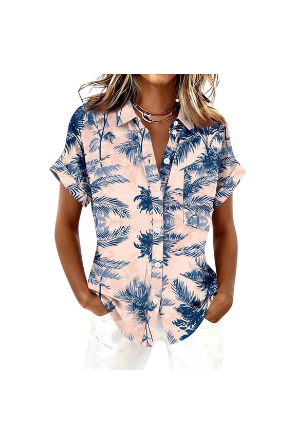 Shirts for Women Hawaiian Floral Print Button Down Short Sleeve Dressy Blouses Lightweight Collared Clothing Spring Work Loungewear Pink XL