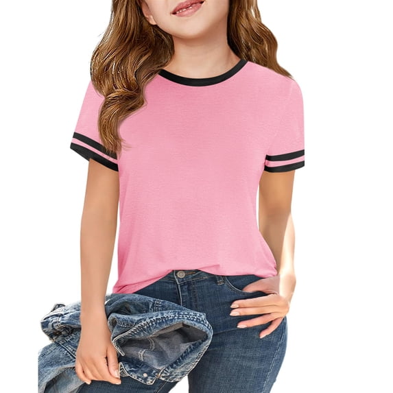 OIOLOYJM Short Sleeve Shirts for Girls 2026 Casual Crewneck Color Block Tee Shirt Summer Cotton Workout Tops Basic Clothing Pink 7-8 Year