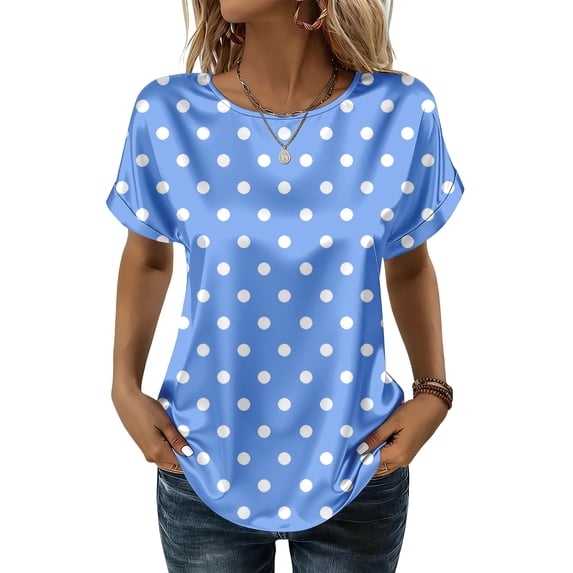 OIOLOYJM Short Sleeve Tops for Women Polka Dot Satin Casual Shirts Summer Crewneck Loose Fit Pullover Vacation Business T Shirts Blue L