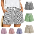 thumbnail image 1 of OIOLOYJM Shorts for Women Athletic Striped Loose Drawstring High Rise Wide Leg Beach Shorts Summer Lounge Vacation Smocked Short Pants with Pockets Black L, 1 of 6