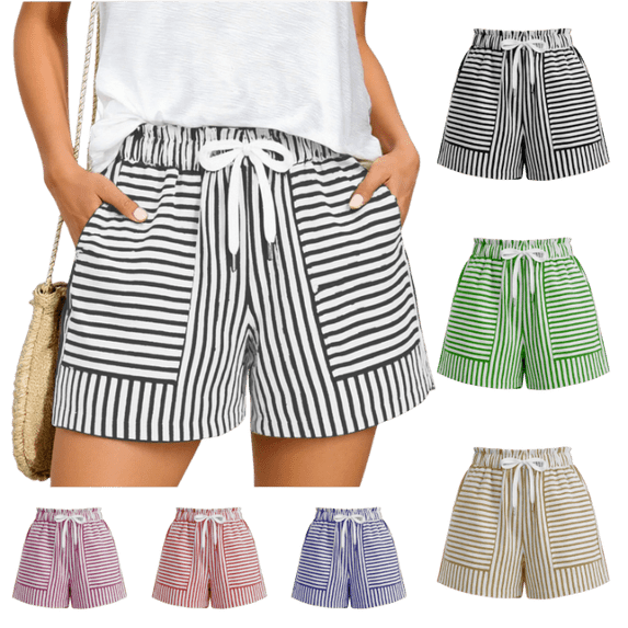 OIOLOYJM Shorts for Women Athletic Striped Loose Drawstring High Rise Wide Leg Beach Shorts Summer Lounge Vacation Smocked Short Pants with Pockets Black L