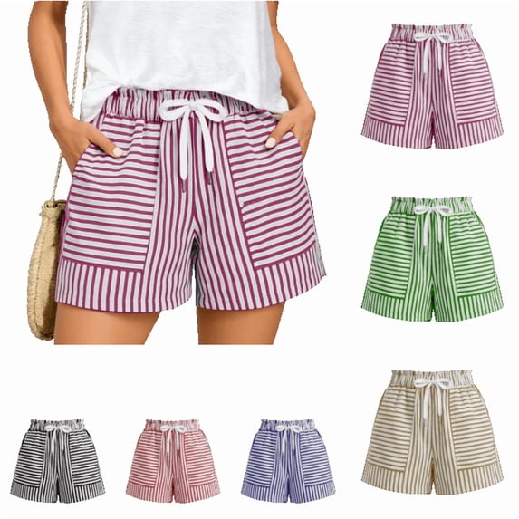 OIOLOYJM Shorts for Women Athletic Striped Loose Drawstring High Rise Wide Leg Beach Shorts Summer Lounge Vacation Smocked Short Pants with Pockets Purple 2XL