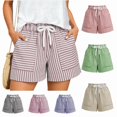 thumbnail image 1 of OIOLOYJM Shorts for Women Athletic Striped Loose Drawstring High Rise Wide Leg Beach Shorts Summer Lounge Vacation Smocked Short Pants with Pockets Red L, 1 of 6