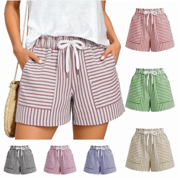 OIOLOYJM Shorts for Women Athletic Striped Loose Drawstring High Rise Wide Leg Beach Shorts Summer Lounge Vacation Smocked Short Pants with Pockets Red L
