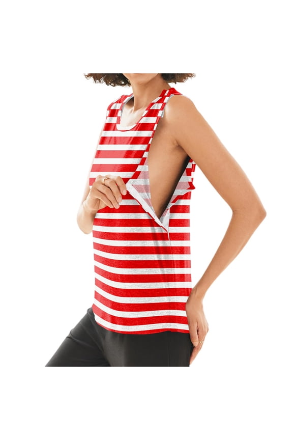 Shoulder Surgery Shirts for Women Shoulder Snap-Access Casual Arm Chest Recovery Tear Away Tank Tops Striped Lightweight Breathable Adaptive Rotator Cuff Tanks Red S