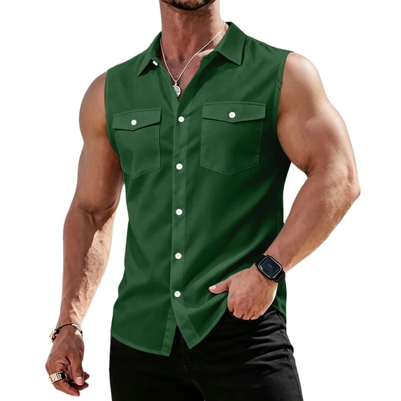 OIOLOYJM Sleeveless Shirts for Men Summer Baggy Solid Color Tank Tops with Pockets Stretch Beach Vacation Work Button Shirts Dark Green S