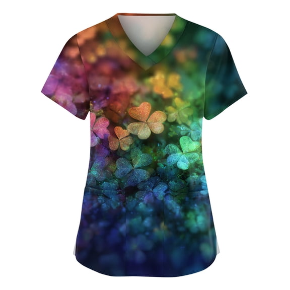 OIOLOYJM St. Patrick's Day Scrubs Tops for Women 2026 Irish Medical Clover Print Tops V-Neck Short Sleeve Shirts Soft T Shirts with 2 Pockets Cyan 3XL