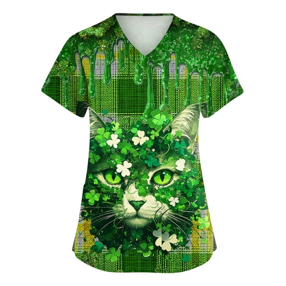 OIOLOYJM St. Patrick's Day Scrubs Tops for Women Funny Stretchy Clover Print Tops V Neck Short Sleeve Shirts Lightweight T Shirts with 2 Pockets Dark Green 4XL