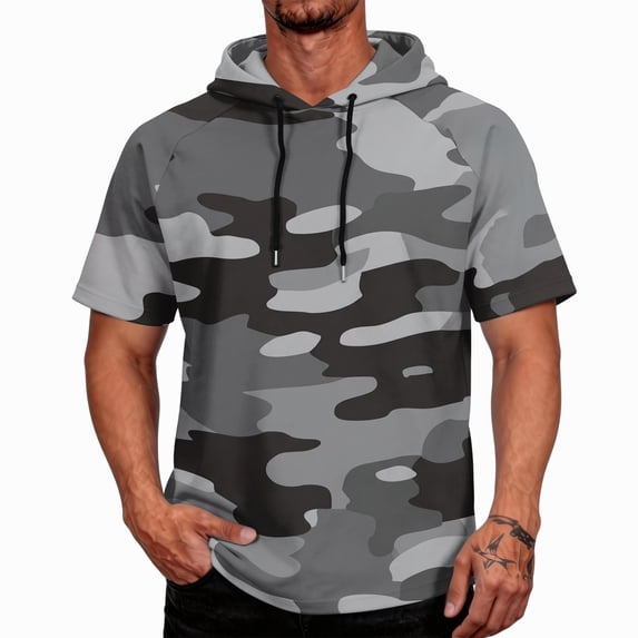 OIOLOYJM Sun Protection Shirts for Men Quick Dry Lightweight Uv Protection Rash Guard Camo Short Sleeve Hoodies Summer Running Casual Tops with Hood Gray XL
