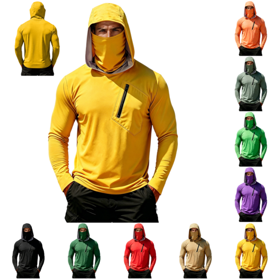 OIOLOYJM Sun Shirts for Men Uv Fishing Hoodie with Mask Long Sleeve Rash Guard Pocket T Shirts Lightweight Fashion Outfits Yellow XL