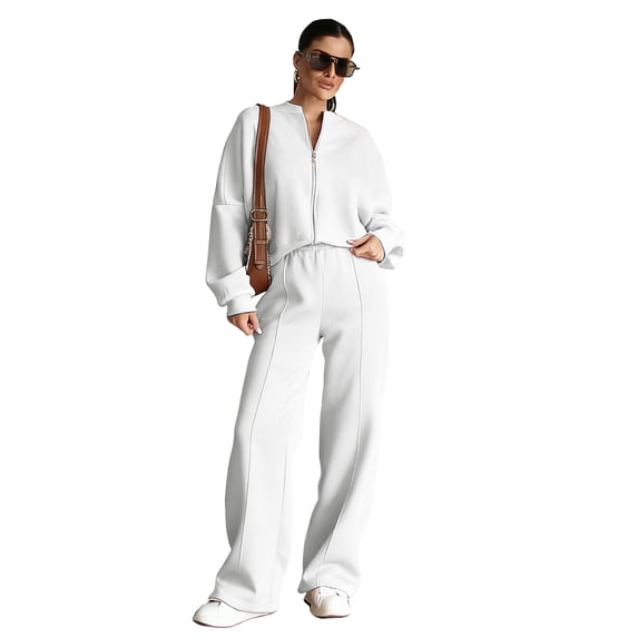 OIOLOYJM Sweatsuits Women 2 Piece Full Zip Sweatshirt Outfits Baggy Tracksuit Matching Workwear Loose Fit Coats and Drawstring Elastic Pants White M