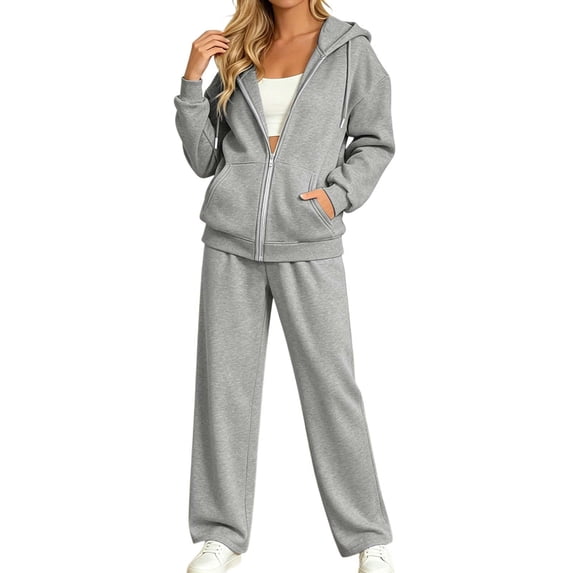 OIOLOYJM Sweatsuits Women 2 Piece Outfit Zip up Hoodies Baggy Wide Leg Sweatpants Fall Winter Soft Comfortable Outdoor Y2K Basic Lounge Clothes Gray XL