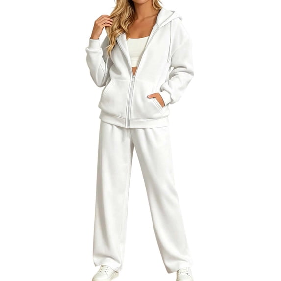 OIOLOYJM Sweatsuits Women 2 Piece Outfit Zip up Hoodies Baggy Wide Leg Sweatpants Fall Winter Soft Comfortable Outdoor Y2K Basic Lounge Clothes White L