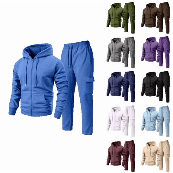 OIOLOYJM Sweatsuits for Men Casual Gym Athletic 2 Piece Sets Comfortable Long Sleeve Hooded Full Zip Jacket and Cargo Jogger Sweatpants Sets Blue 3XL