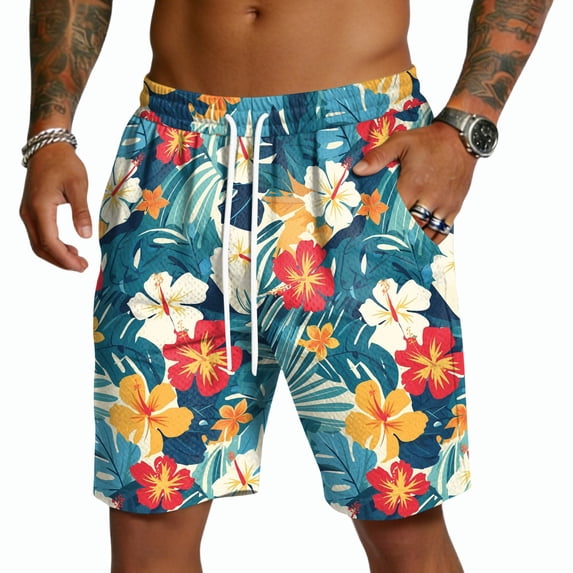 OIOLOYJM Swim Trunks for Men Hawaiian Quick-Dry Tropical Elastic Waist Drawstring Lounge Beach Shorts Summer Mesh Lightweight Sports Board Shorts with Pockets Navy 2XL