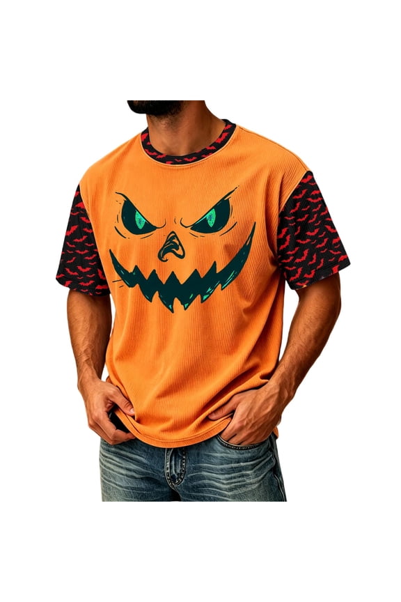 T Shirts for Men Winter Halloween Pumpkin Graphic Happy Fun and Funny Corduroy Short-Sleeve Shirts Horror Holiday Comfortable Classic Fit Pullover Orange S
