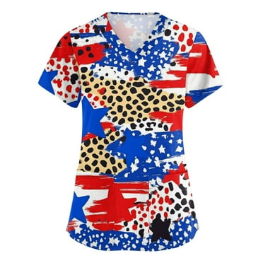 OIOLOYJM Usa Flag Scrub Tops for Women Independence Day Work Uniform V Neck Fashion Fit Nurse Tops Fashion Short Sleeve T-Shirts with 2 Pocket Leopard Print 2XL