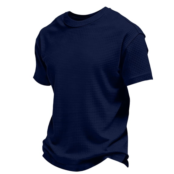OIOLOYJM Waffle Knit Shirts for Men Short Sleeve Pullover Crewneck Ribbed Texture Tops Vintage Loose Lightweight Summer Workout Clothes Dark Blue S
