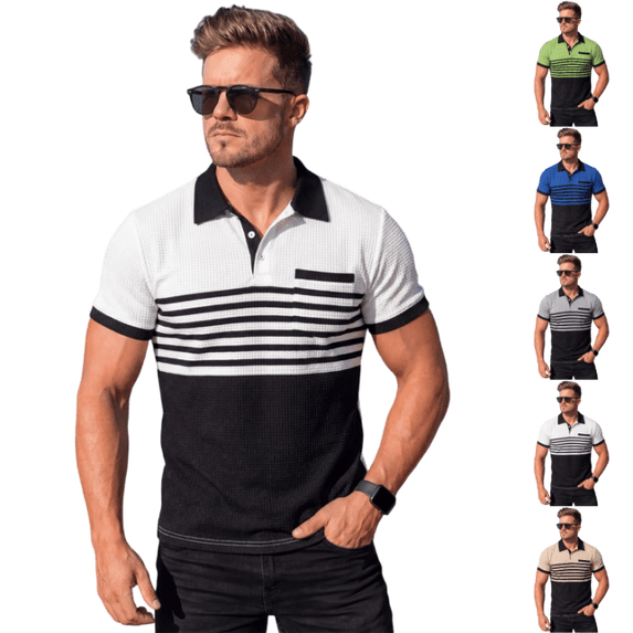OIOLOYJM Waffle Polo Shirts for Men Casual Short Sleeve Striped Button Pocket Golf Shirts Business Muscle Fit T-Shirts Summer Workout Clothes White S