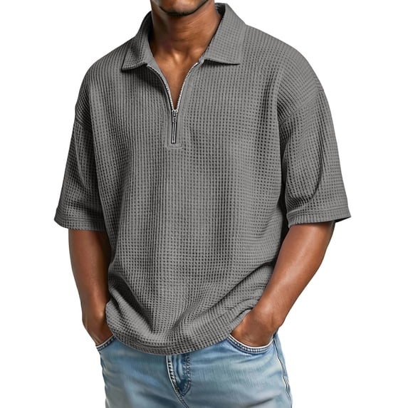 OIOLOYJM Waffle Polo Shirts for Men Collared Long Sleeve Quarter Zip Shirt Comfy Slim Fit Casual Workout Golf Shirts Comfort Tops Gray XL
