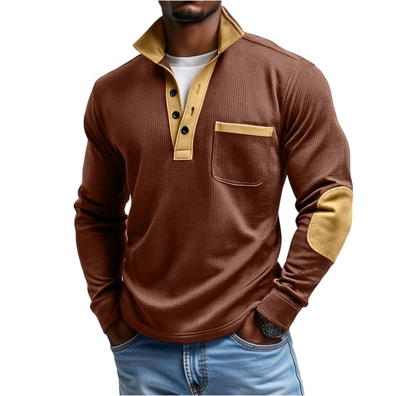OIOLOYJM Waffle Shirts for Men Casual Henley Polo Shirts Long Sleeve Knit T-Shirt Cozy Thermal Textured Button Pullover Brown M
