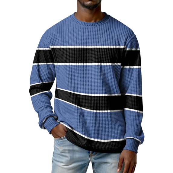 OIOLOYJM Waffle Shirts for Men Casual Solid Color Long-Sleeve Crewneck T-Shirt Basic Knitted Tops Spring Work Blouses Blue L