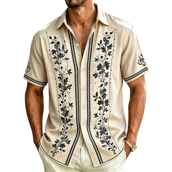 OIOLOYJM Western Shirts for Men Short Sleeve Embroidered Floral Cowboy Shirts Casual Work Button Down Regular Fit Blouses Beige S