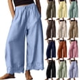 thumbnail image 1 of OIOLOYJM Wide Leg Cropped Pants for Women Lace Hem Drawstring High Elastic Waist Flowy Pants Summer Pleated Boho Beach Wide Leg Loungewear Light Blue L, 1 of 6