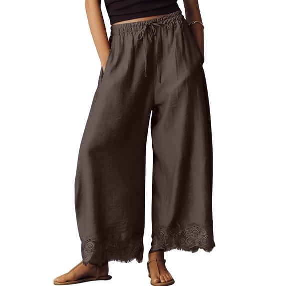 OIOLOYJM Wide Leg Cropped Pants for Women Lace Hem Drawstring High Elastic Waist Flowy Pants Summer Pleated Boho Beach Wide Leg Loungewear Coffee 2XL