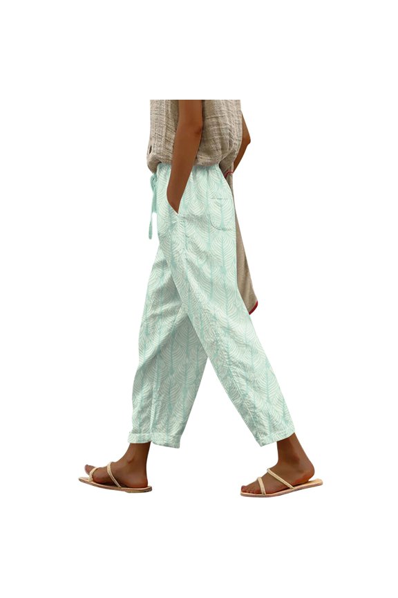 Wide Leg Pants Woman Geometric Print Linen Drawstring Elastic Palazzo Pants Work Casual Fashion Beach Trousers with Pockets Mint Green 2XL