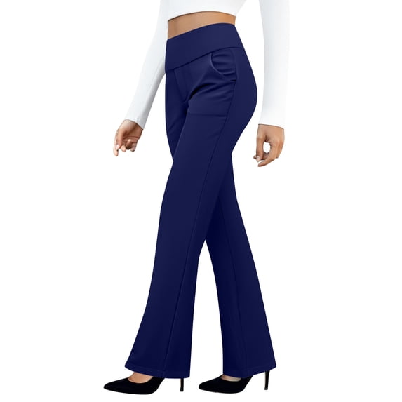OIOLOYJM Women Dress Pants Stretchy Wide Leg Business Work Yoga Pants High Waisted Casual Pull On Trouserwith Pockets Dark Blue_#004 2XL