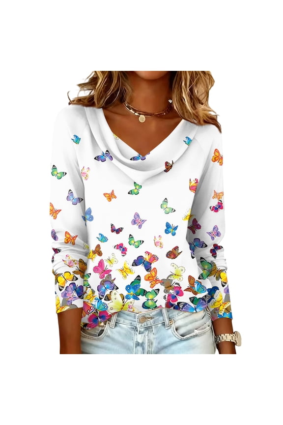 Women Long Sleeve Shirt Floral Print Oversized Casual Shirts Summer Cowl Neck Lightweight Pullover Dressy Business Outfits Multicolor 2XL