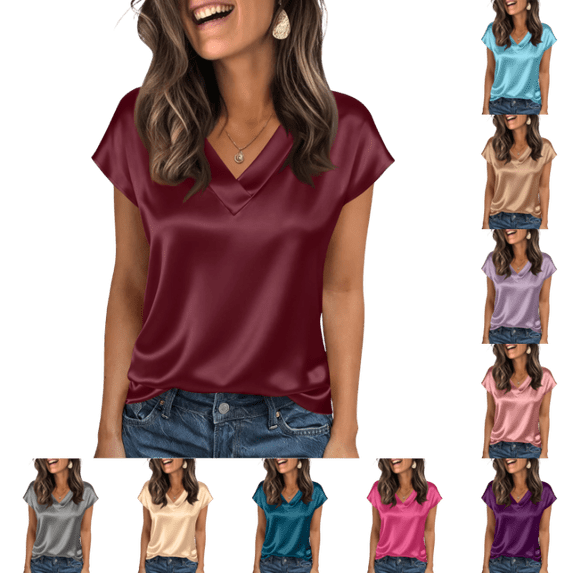 OIOLOYJM Women Silk Satin Tops Elegant Cap Short Sleeve Blouse V Neck Work Shirts Dressy Business Casual Outfits Wine L