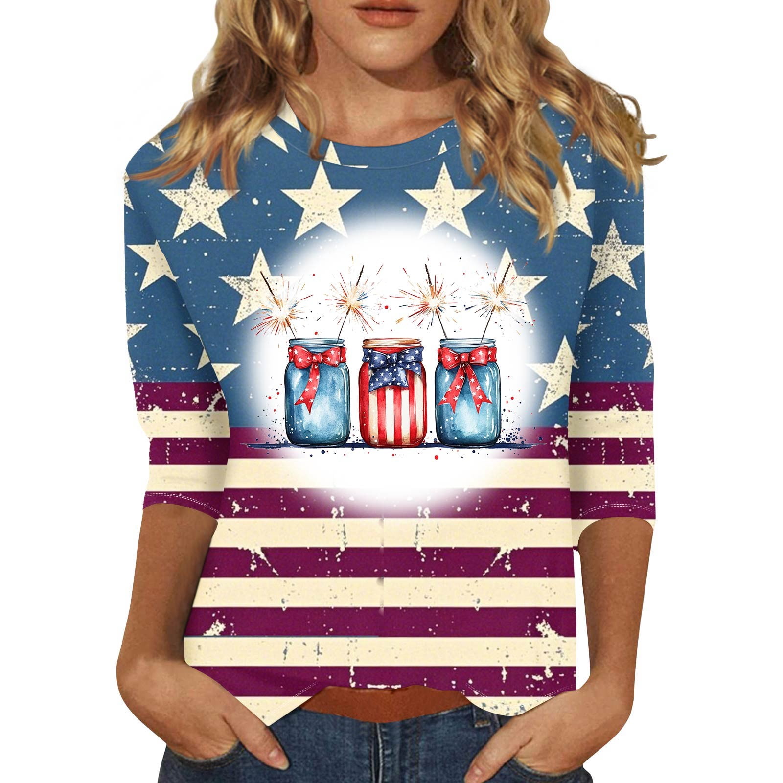 Aoang Women's American Flag Print T-Shirt - Patriotic Stars & Stripes Tee, Casual Fit, Size M Gray - View #6