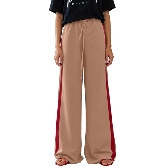 OIOLOYJM Women's Casual Pants Drawstring Color Block Side Striped Wide Leg Sweatpants Baggy Loose Jogging Workout Sweat Pants Stylish Gym Loungwear Beige M