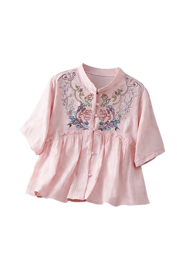 Women's Fashion Floral Embroidery Blouse Button Front Peplum Tops Summer Shirts Tunics Pink 2XL