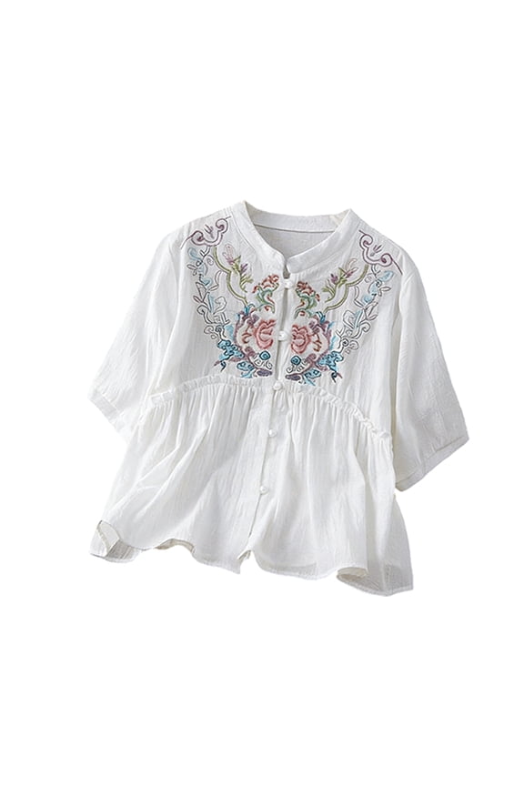 Women's Fashion Floral Embroidery Blouse Button Front Peplum Tops Summer Shirts Tunics White 2XL