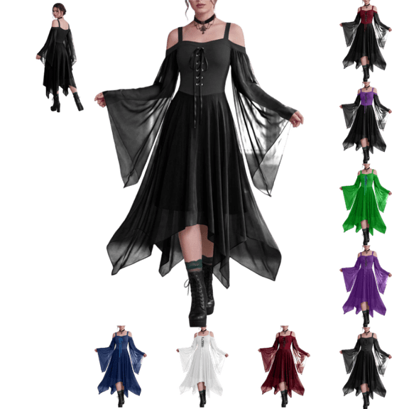 OIOLOYJM Women's Gothic Dress Retro Cold Shoulder Butterfly Sleeve Halloween Christmas Slip Dress Vintage Chiffon Flowy Elegant Cosplay Party Irregular Hem Dress Black M