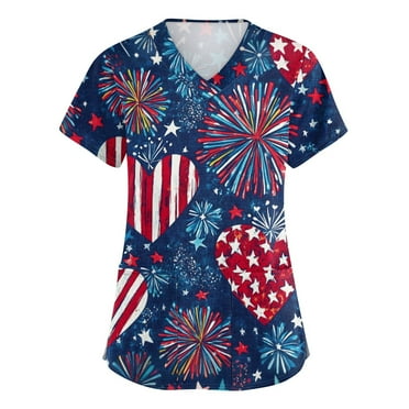 OIOLOYJM Women's Independence Day Scrub Tops American Flag Nurse Medical Uniform V-Neck Cute Cartoon Short Sleeve Scrubs Fashion T-Shirts with Pocket Blue 4XL