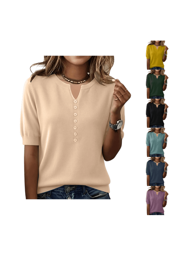 Women's Knit Shirts Dressy Short Sleeve V Neck Sweaters Spring Comfy Lightweight Pullover Business Warm Clothing Beige M
