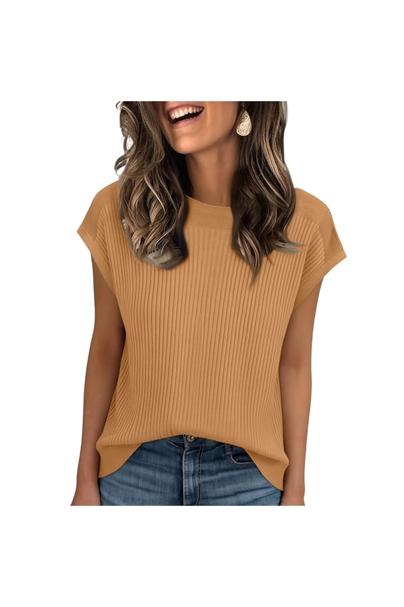 Women's Knitted Shirts 2026 Casual Short Sleeve Crewneck Sweaters Spring Soft Cozy Lightweight Tops Work Baggy Clothing Camel 2XL