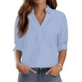 thumbnail image 1 of OIOLOYJM Women's Polo Shirts Striped 3/4 Sleeve V-Neck Golf Shirts Spring Lapel Collared Athletic Lightweight T-Shirt Fashion Business Activewear Light Blue S, 1 of 7