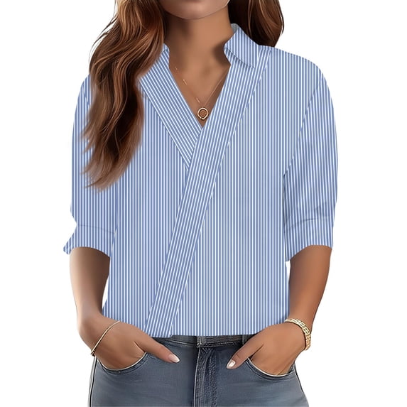 OIOLOYJM Women's Polo Shirts Striped 3/4 Sleeve V-Neck Golf Shirts Spring Lapel Collared Athletic Lightweight T-Shirt Fashion Business Activewear Light Blue S