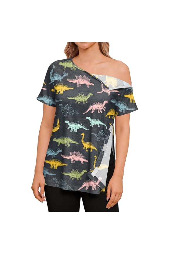 Women's Post Shoulder Surgery Shirts Cute Print Tear Away Recovery Lightweight Full Snaps T-Shirt with Pocket Short Sleeve Adaptive Chemo Port Lounge Tops Navy S