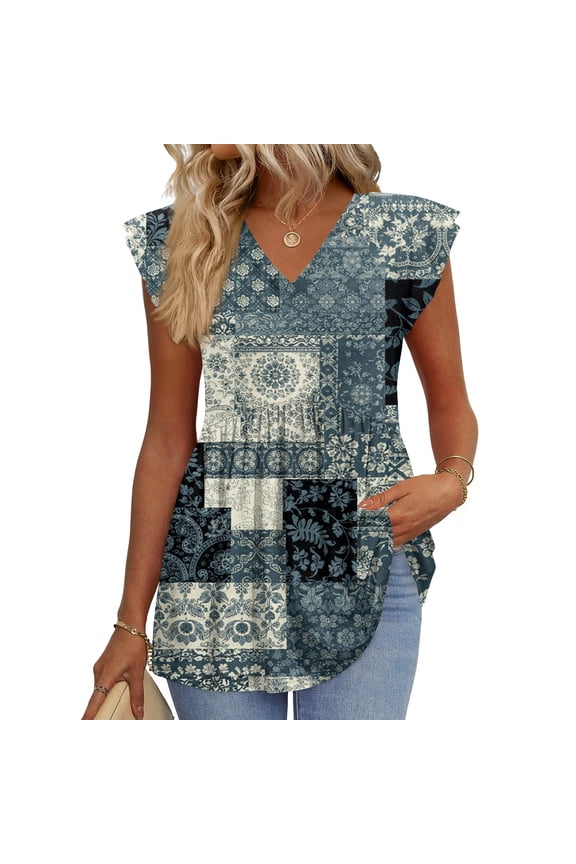 Women's Ruffle Cap Short Sleeve T Shirts Patchwork Plaid Print V Neck Pleated Peplum Tops Summer Casual Cozy Soft Blouses Blue 2XL