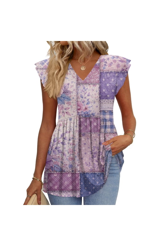 Women's Ruffle Cap Short Sleeve T Shirts Patchwork Plaid Print V Neck Pleated Peplum Tops Summer Casual Cozy Soft Blouses Light Purple M