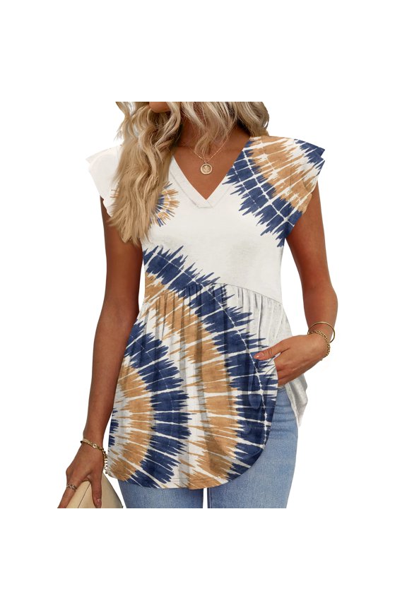 Women's Ruffle Cap Sleeve Shirts Stylish Geometric Print V Neck Peplum Casual Tops Summer Pleated Lightweight Cozy Blouses Blue L