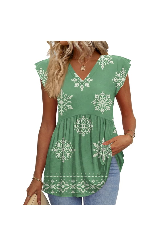 Women's Ruffle Cap Sleeve Shirts Stylish Geometric Print V Neck Peplum Casual Tops Summer Pleated Lightweight Cozy Blouses Green L