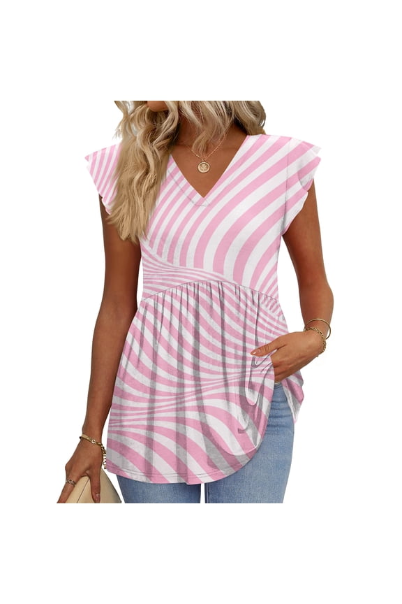 Women's Ruffle Cap Sleeve Shirts Stylish Geometric Print V Neck Peplum Casual Tops Summer Pleated Lightweight Cozy Blouses Pink M