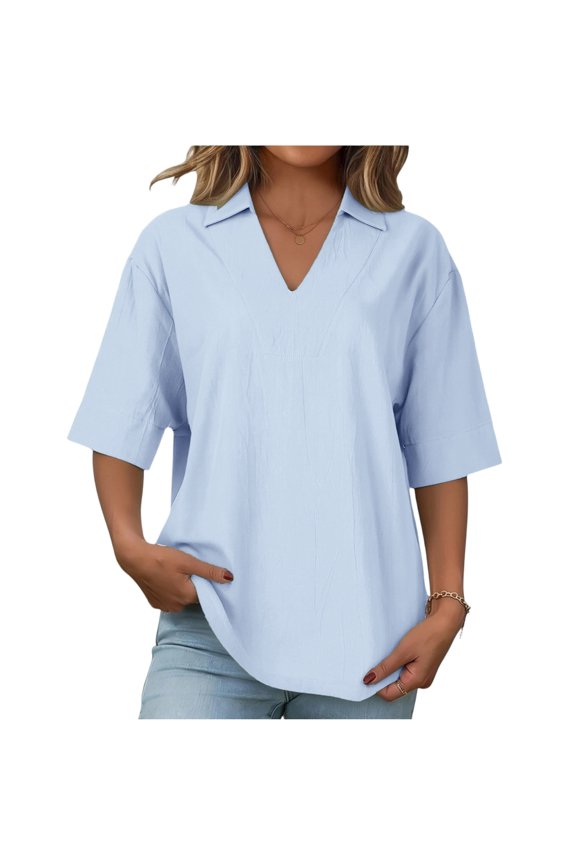 Women's Short Sleeve V-Neck Collared Tops Summer Casual Business Work Polo Shirts 2026 Trendy Loose Fit Lightweight Basic T Shirts Sky Blue 2XL